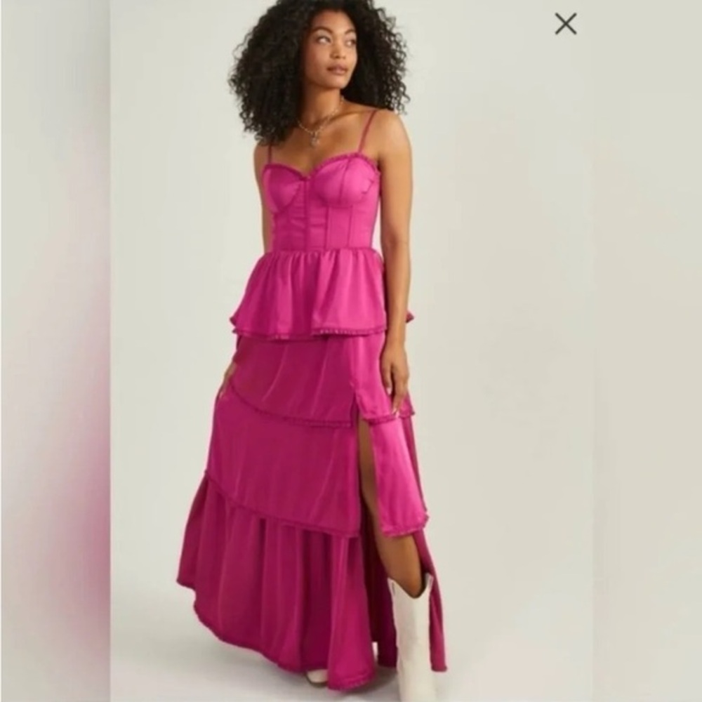Altar'd State Pink Berry Ruffled Tiered Maxi Dress Size Extra Large NEW